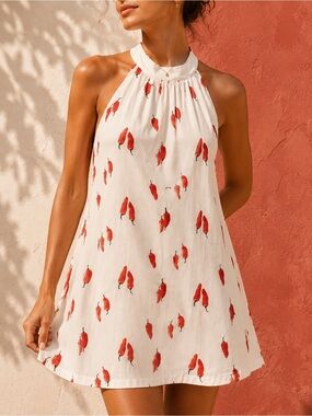 🌶️ COMMENSE NWT Chili Pepper Print Open Back Halter Mini Dress XL Size